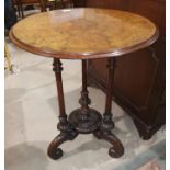 A Victorian occasional table, the circular top in quarter veneered figured walnut with marquetry