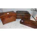 A set of scales in mahogany case; a mahogany tea caddy; a Tunbridge ware box (a.f.)