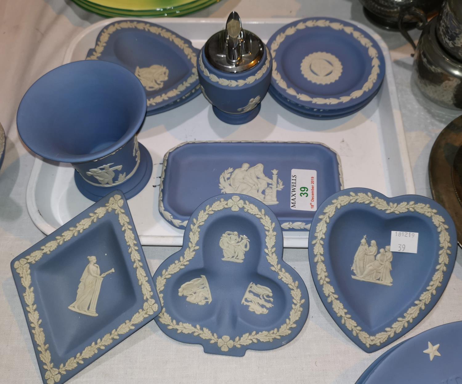 Eleven pieces of Wedgwood Jasperware; a New Chelsea part tea service; various items of pewter