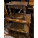 An oak 2 tier tea trolley; a coffin stool; 2 wall mirrors