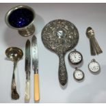 Three vintage pocket watches with silver cases; a silver backed mirror; EPNS items