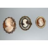 Three yellow metal mounted cameo brooches, classical female busts