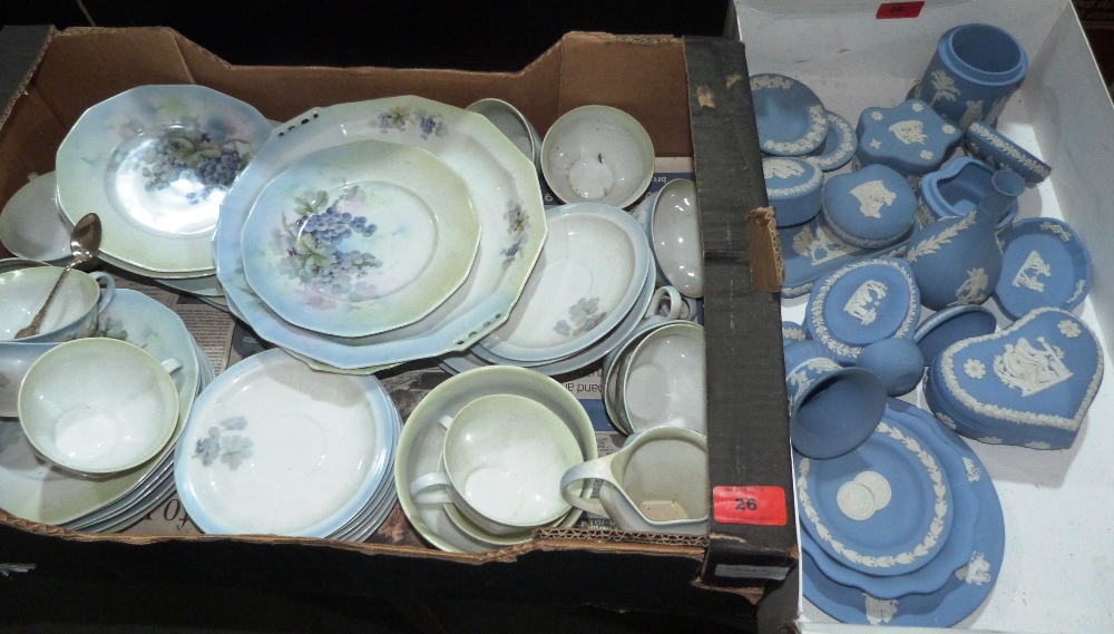 A box of Wedgwood blue jasparware and a box of teaware marked B H A