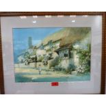 L.MORTIMER. BRITISH 20TH CENTURY Porlock Weir post office with figure and dog. Signed.