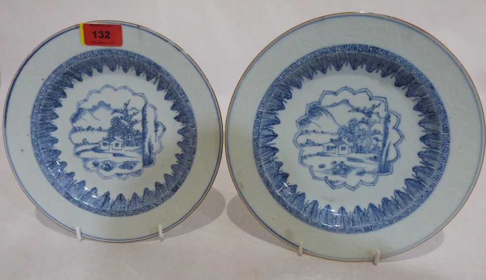 A pair of 19th century Chinese blue painted plates. 9' diam