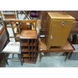 A mahogany revolving bookcase, a mahogany tray top low table, a bedroom chair and a bedside cabinet