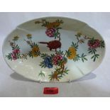 A Copeland Spode ovoid dish painted in coloured enamels with bird and foliage. 11' wide. c.1785
