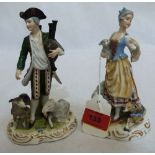 A pair of Meissen style groups, piper and shepherdess companion. Crossed swords mark in underglaze