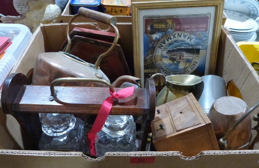 A box of metalware and sundries