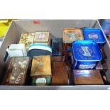 A collection of treen boxes and tins