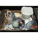 A box of ceramics and sundries to include Wade, Noritake, crestedware etc.