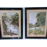 ENGLISH SCHOOL. 20TH CENTURY Landscapes with figures. A pair. Signed initials and dated 1926. Pastel