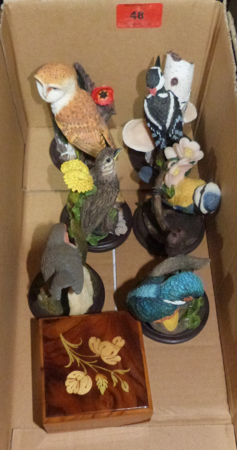 Six resinous bird figures and a small inlaid box