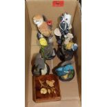 Six resinous bird figures and a small inlaid box