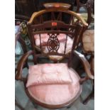 Two Edward VII mahogany line inlaid salon elbow chairs