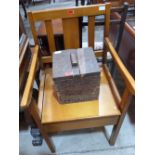 A small oak box with printed mark Cheltenham Brewery and a commode chair