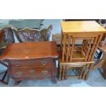 A small serpentine bombe commode chest of recent manufacture and two nests of occasional tables