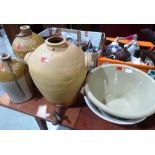 Two stoneware jars, two bowls and a terracotta jar