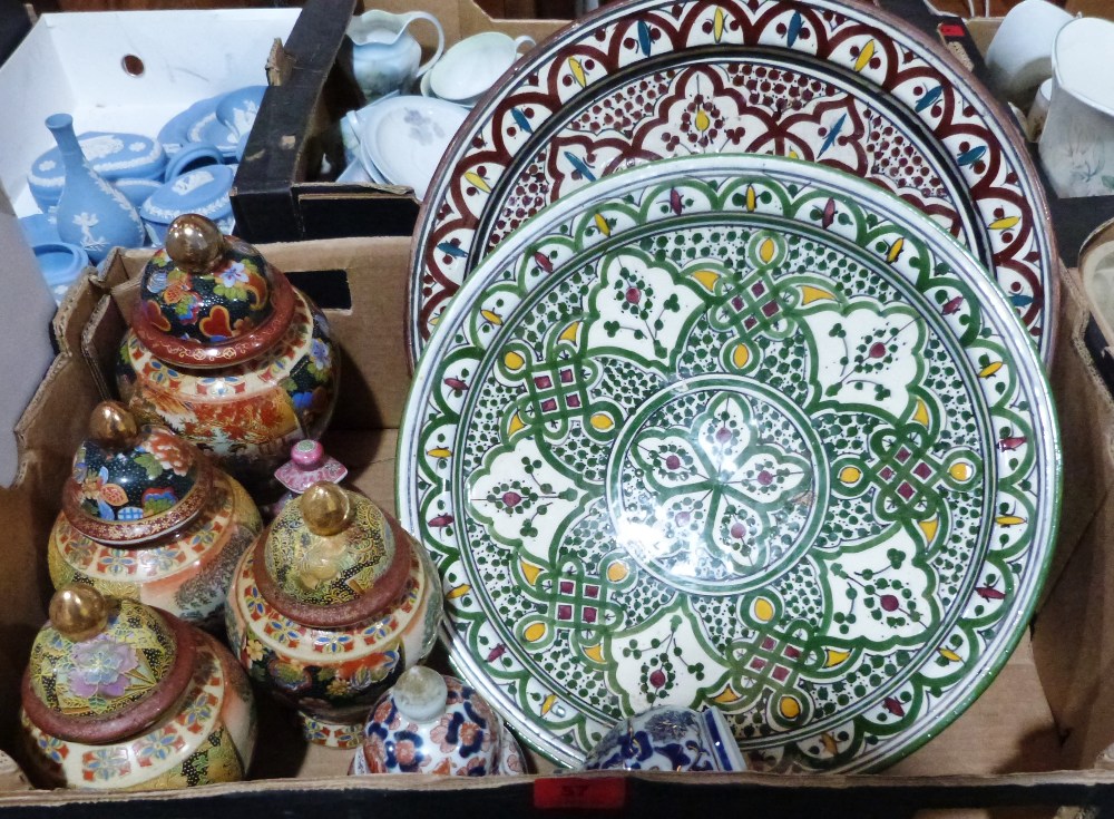 Two Iznik style pottery chargers and various oriental ceramics