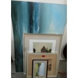 A signed Tatton-Winter etching, an unframed oil and two watercolours