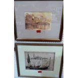 A watercolour of Florence signed Piraino, 5 1/2' x 8 1/2' and an etching of Venice signed Milan