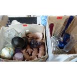 Two boxes of glassware, ceramic pigs etc.