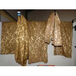 Two pairs of gold brocade curtains, 52'w x 88' drop and 96' ww x 84' drop; together with a length of