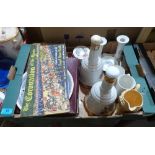 A box of Wade and other ceramics, commemorative books etc.