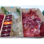 Two boxes of cranberry and other glassware