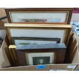 A gilt framed mirror and miscellaneous pictures