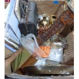 A box of metalware and sundries