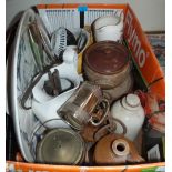 A box of stoneware and sundries