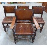 A set of four joined oak and leather dining chairs in 17th century style, the set to include a