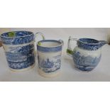 Three items of early 19th century blue and white decorated pearlware viz; a mug 7' high (A.F.); a