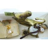 Two 9ct cased lady's wristwatches, another watch, brass horse coat hook etc.