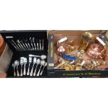 A box of copper and brassware and a canteen of cutlery