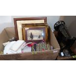 A box of textiles, cutlery and pictures, together with a Singer sewing machine