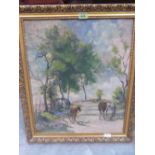 FRENCH SCHOOL. 19TH/20TH CENTURY Wagon, horses and figure on a road. Oil on canvas. 23½' x 19½'