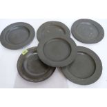 Six 19th century pewter plates. 9½' diam