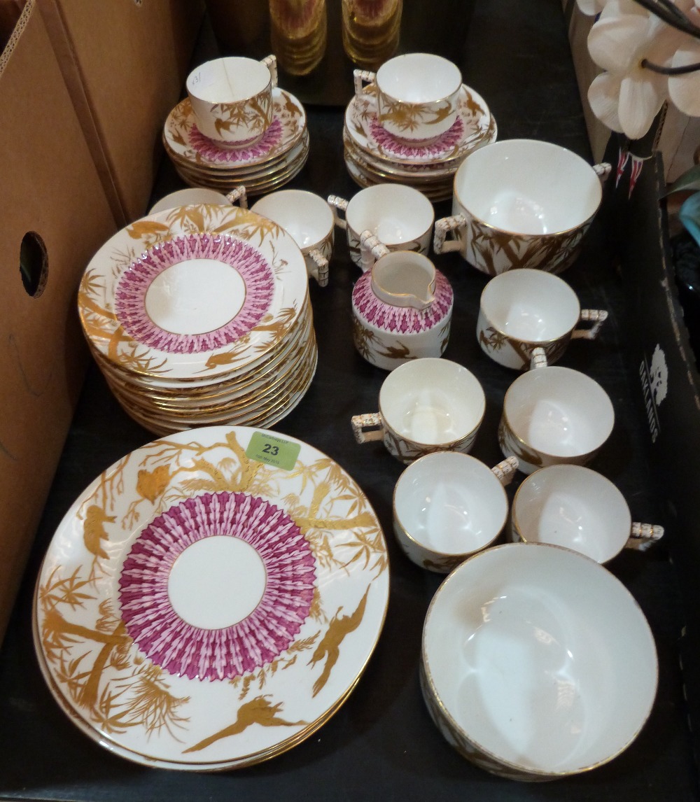 A Victorian part tea service by Edwin J. Bodley (Hill Pottery) of 43 pieces, painted with