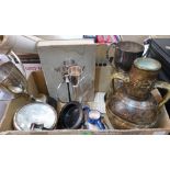 A box of metalware and sundries