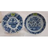 Two 18th century delftware blue and white decorated plates. Possibly Liverpool. Both 9' diam.