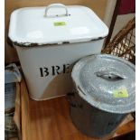 An enamel bread bin and rice pot and cover