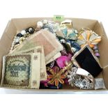 A box of costume jewellery, the lot to include five 1920s German banknotes