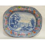 A Victorian Staffordshire blue, white and polychrome meat plate, decorated with a view of Richmond