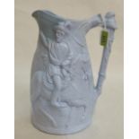 A Victorian light blue glazed pitcher, moulded in high relief with Garibaldi on horseback. 12' high