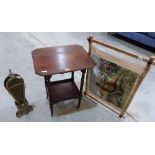 A brass peacock firescreen, an Edward VII occasional table and a stretched tapestry