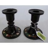 A pair of continental slate and pietradura candlesticks. 4' high. Chips