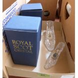Two Royal Scot cut glass slippers. Boxed