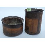 Two antique treen and iron bound measuring vessels